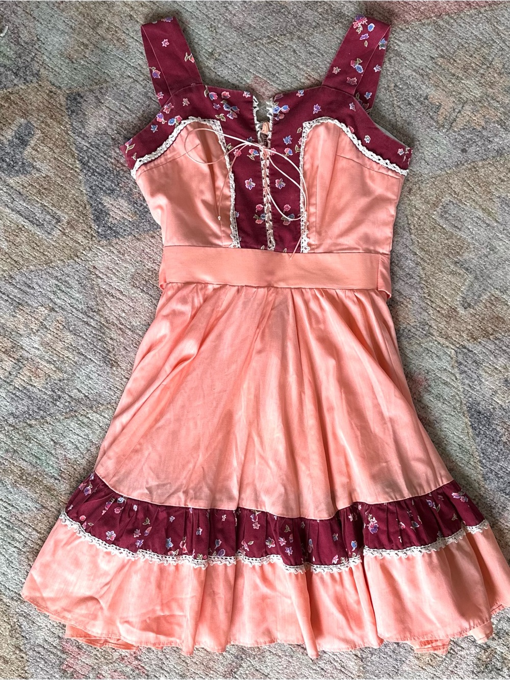 Peach & Burgundy Vintage Dress with Floral Trim